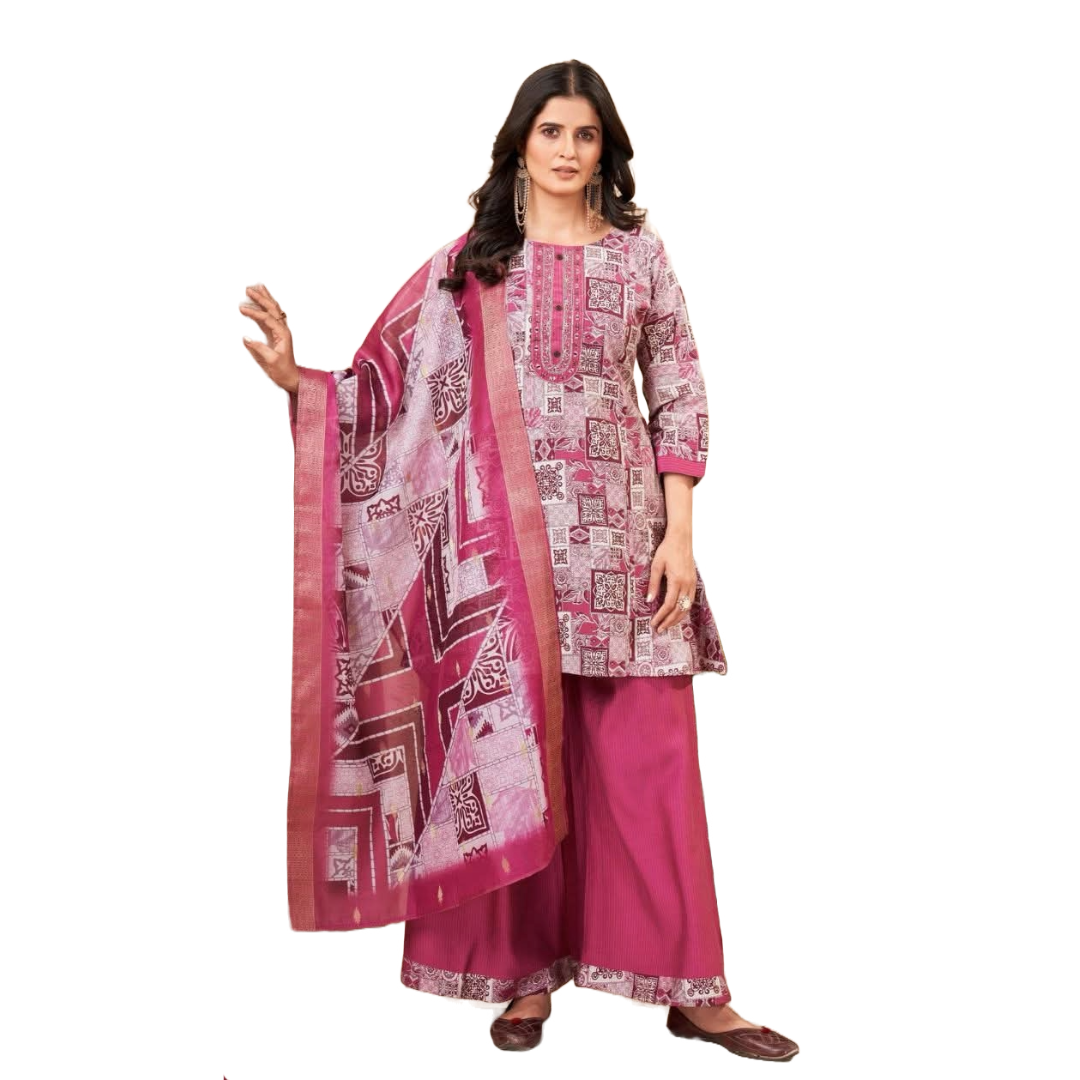 Simran Pink Poly Rayon 3 piece kurta Set All Sizes - XL